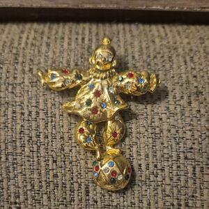 Vintage Clown Articulated 80s Gold-tone Colorful Rhinestones